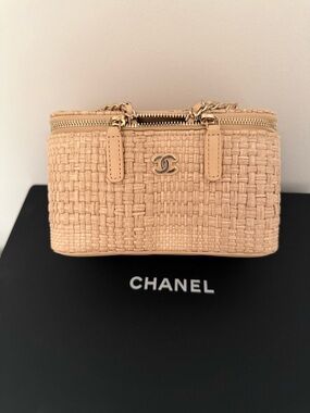 CHANEL Beige Woven Vanity Cosmetic Case with Gold CC Hardware